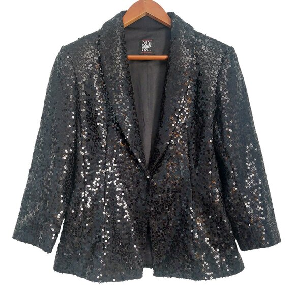 Black Sequins Blazer Jacket Women 10 Glam Evening 3/4 Sleeve Holiday Performance - Picture 14 of 14